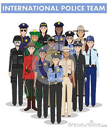 International police people concept. Detailed illustration of SWAT officer, policeman, policewoman and sheriff in flat Vector Illustration