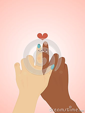 International race love, hand point finger heart sign flat vector illustration. Multinational infatuation couple lovely Vector Illustration