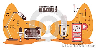 International radio day poster with retro aparatus and microphones Vector Illustration