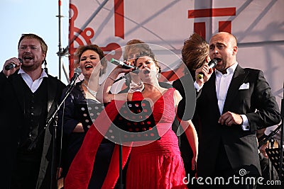 International Russian Italian Opera quintet on the open stage of festival Opera of Kronstadt. five singers of world Opera stars. Editorial Stock Photo