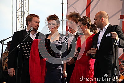 International Russian Italian Opera quintet on the open stage of festival Opera of Kronstadt. five singers of world Opera stars. Editorial Stock Photo