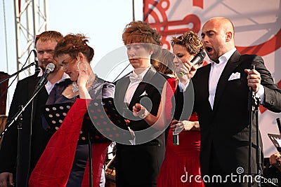 International Russian Italian Opera quintet on the open stage of festival Opera of Kronstadt. five singers of world Opera stars. Editorial Stock Photo