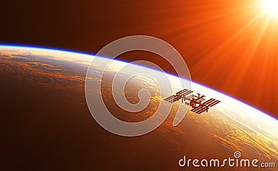 International Space Station In The Rays Of Rising Sun Stock Photo