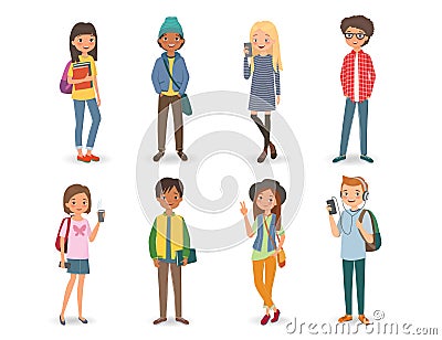 International students with books, phones and backpacks Vector Illustration