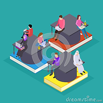 International students. Vector isometric education online. People with devices and books vector illustration Vector Illustration