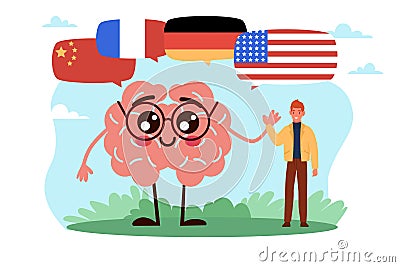 International teaching, language learning. Huge human brain and countries flags, education for adults, English German Vector Illustration