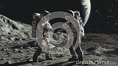 International teamwork: astronauts meet on moon, symbol of cooperation Stock Photo