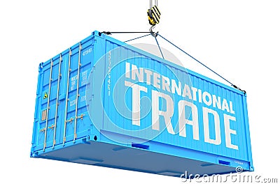 International Trade - Blue Hanging Cargo Container Stock Photo