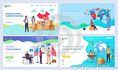 International trade concept landing page template set, sell worldwide on online marketplace Vector Illustration