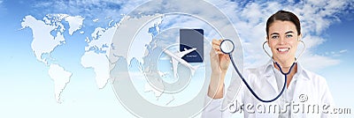 International travel medical insurance concept, smile doctor woman showing,stethoscope, airplane, passport in blue sky with map Stock Photo