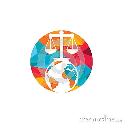 International tribunal and Supreme court logo concept. Scales on globe icon design. Vector Illustration