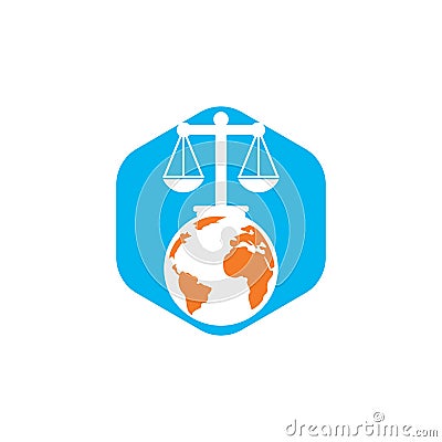 International tribunal and Supreme court logo concept. Scales on globe icon design. Vector Illustration