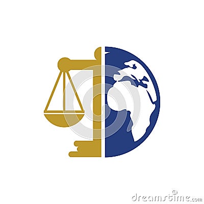 International tribunal and Supreme court logo concept. Scales on globe icon design. Vector Illustration