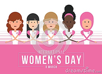 International Women day banner with Women cute charactor of various ethnic groups in the world join hands vector design Vector Illustration