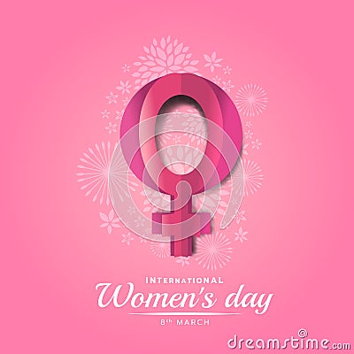 International women day banner with pink paper female sign on soft white flora texture and pink background vector design Vector Illustration