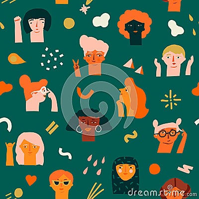 International women day 8 of March seamless pattern with various of women faces different race, age and profession. Vector Illustration