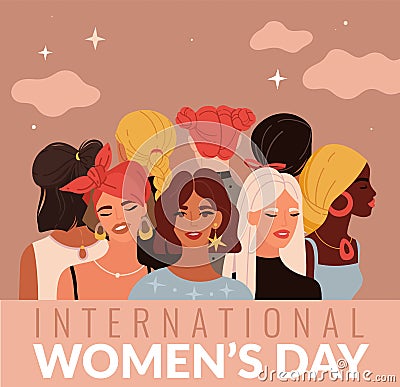 International women day. Young ladies different nationalities, female greeting card, variety hairstyles heads Vector Illustration