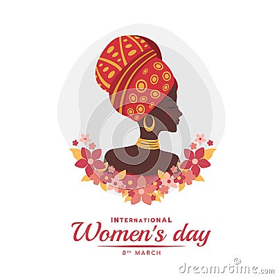 International women`s day banner with african woman lady and red pink flora vector design Vector Illustration