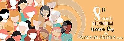 International Women`s Day banner diverse girl team Vector Illustration