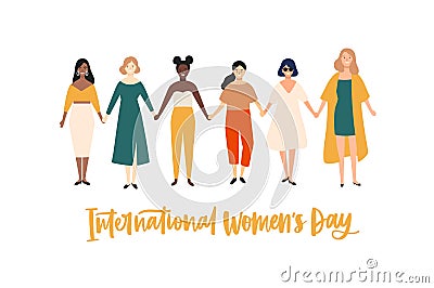 International Women`s Day banner, placard or greeting card template with smiling young girls or feminists holding hands Vector Illustration