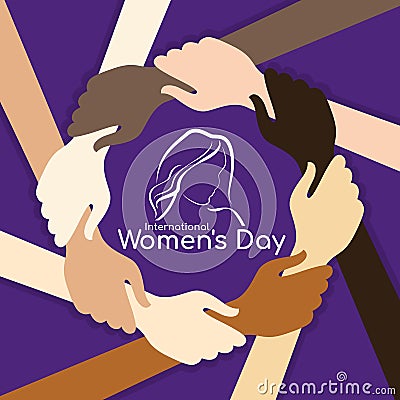 International women`s day banner with woman hand hold hand around circle frame and woman sign on purple background vector design Vector Illustration