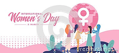 International women`s day - a diverse group of women helping to lift circle globe with a female symblo vector design Vector Illustration