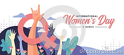 International women`s day - Fist hand woman with Love You Hand Sign and female symbol around on abstract curve purple texture Vector Illustration