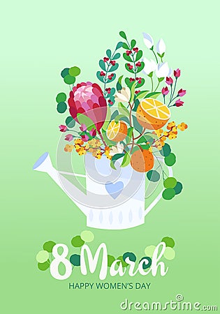 International Women`s Day greeting card. 8 March concept of watering can with cute flowers bouquet. Vector illustration Vector Illustration