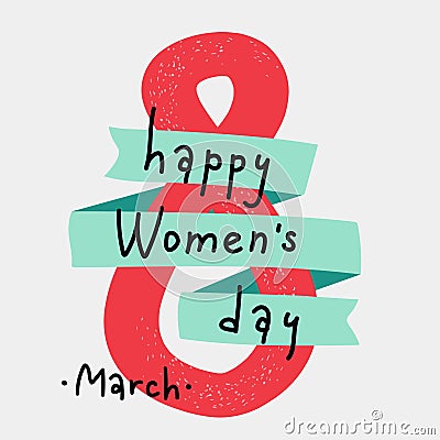 International Women`s Day greeting card. 8 march cute design postcard. Vector Illustration