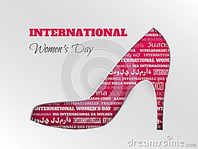 International women`s day greeting card with pink cuted shoe with word cloud in different languages Vector Illustration