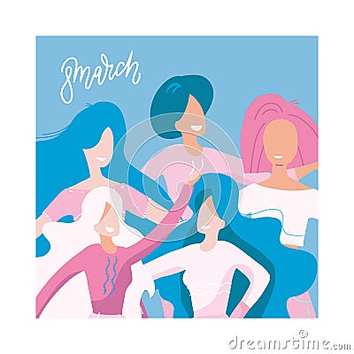 International Women`s Day greeting card. Square flat hand drawn vector banner. Group of women of different age, race Vector Illustration