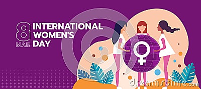 International women`s day - a group of women helping to lift circle globe with a female symbol on purple background vector design Vector Illustration