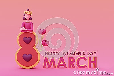 International Women's Day. 8 march. Cute woman with Number 8, female sign, hearts and flowers. 3d rendering Stock Photo