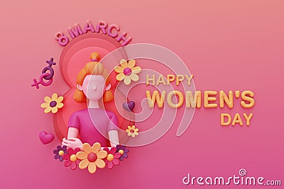 International Women's Day. 8 march. Cute woman with Number 8, female sign, hearts and flowers. Mother's Day. 3d Stock Photo