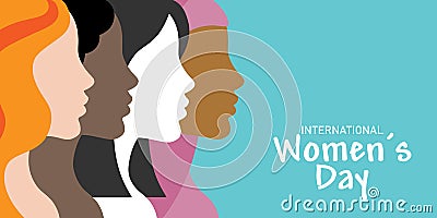 International women`s day poster. Profile faces of different races. Vector Illustration