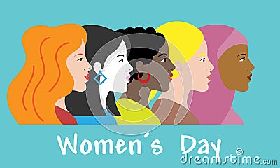 International women`s day poster. Profile faces of different races. Vector Illustration