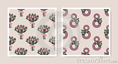 International Women`s Day seamless patterns of bouquet of tulip flowers and number 8 Vector Illustration