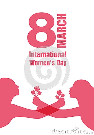 International Women`s Day. Silhouettes of women with outstretched arms holding bouquets of flowers. Stock Photo