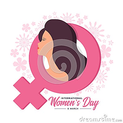 International women`s day - Woman facing side and long hair in pink female symbol on flower texture background vector design Vector Illustration