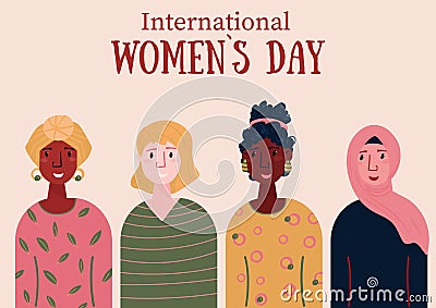 International Women's Day. 8 March. Group of Multinational Women. Female empowerment, freedom movement, equality. Afro Vector Illustration