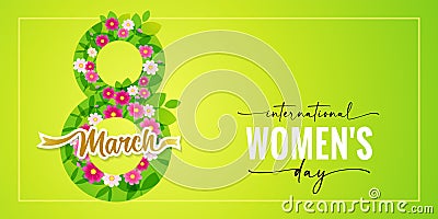 International Womens Day elegant lettering, green leaves and flowers in figure 8 Vector Illustration