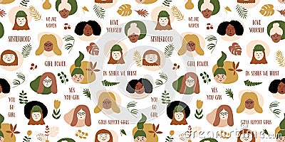 International womens day pattern. Female diverse faces of different ethnicity seamless background. Sisterhood print Cartoon Illustration