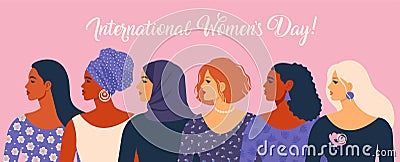 International Womens Day. Vector illustration with women different nationalities and cultures. Vector Illustration