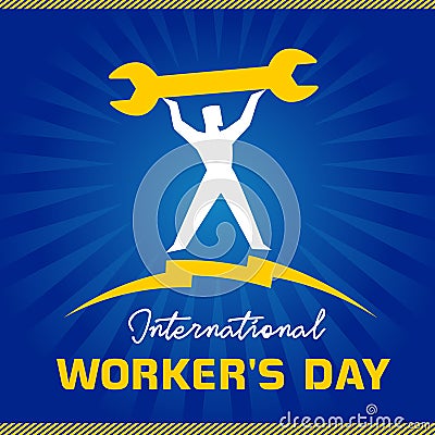 International Worker`s Day, with worker man on blue beams Vector Illustration