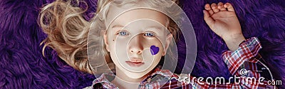 International world epilepsy illness awareness day. Cute pretty blonde Caucasian girl with small violet purple paper heart on her Stock Photo