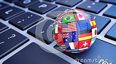 International World Flags Globe Computer Keyboard Cartoon Illustration