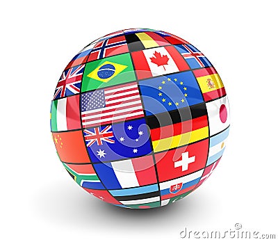 International World Flags Globe On White Background Cartoon Illustration