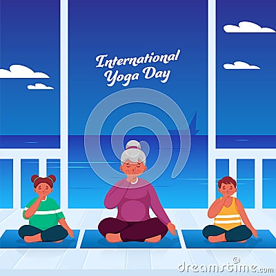 International Yoga Day Concept With Cartoon Woman And Children Doing Alternate Nostril Breath Yoga Against Blue Seaside Stock Photo