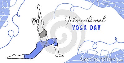 International yoga day minimalist vector banner, poster, background. .One continuous line art drawing of woman. World Vector Illustration