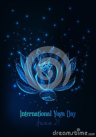 International yoga day poster template with glowing low polygonal water lily, lotus flower Cartoon Illustration